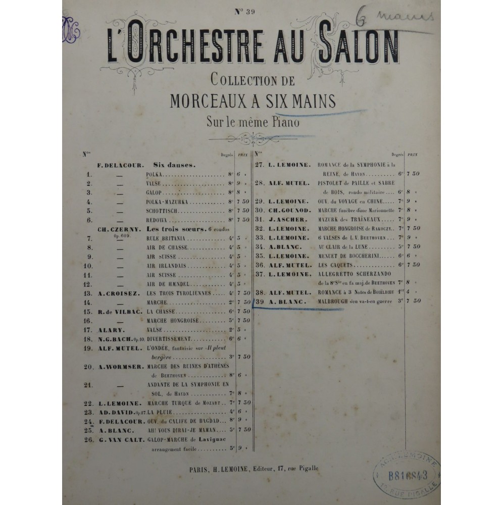 BLANC Adolphe Malbrough s'en va-t-en Guerre Piano 6 mains ca1880