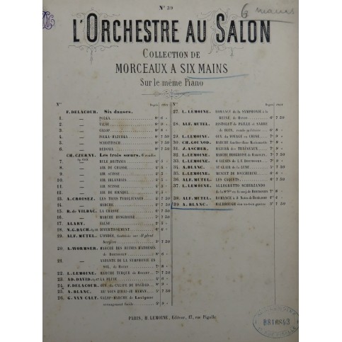 BLANC Adolphe Malbrough s'en va-t-en Guerre Piano 6 mains ca1880