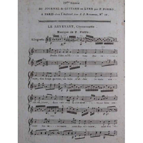 PORRO Pierre-Jean Le Revenant Chant Guitare ou Lyre ca1820