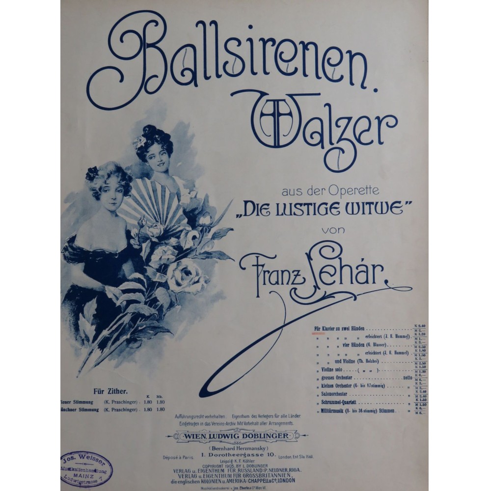 LEHAR Franz Ballsirenen Walzer Opérette Piano 1905