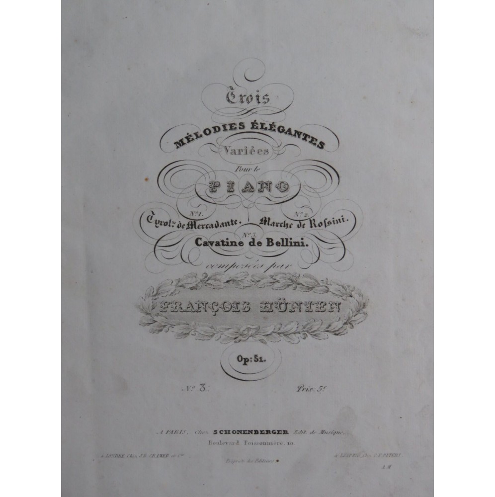 HÜNTEN François Cavatine de Bellini op 51 No 3 Piano ca1833