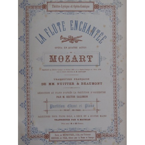 MOZART W. A. La Flûte Enchantée Opéra ﻿Chant Piano XIXe