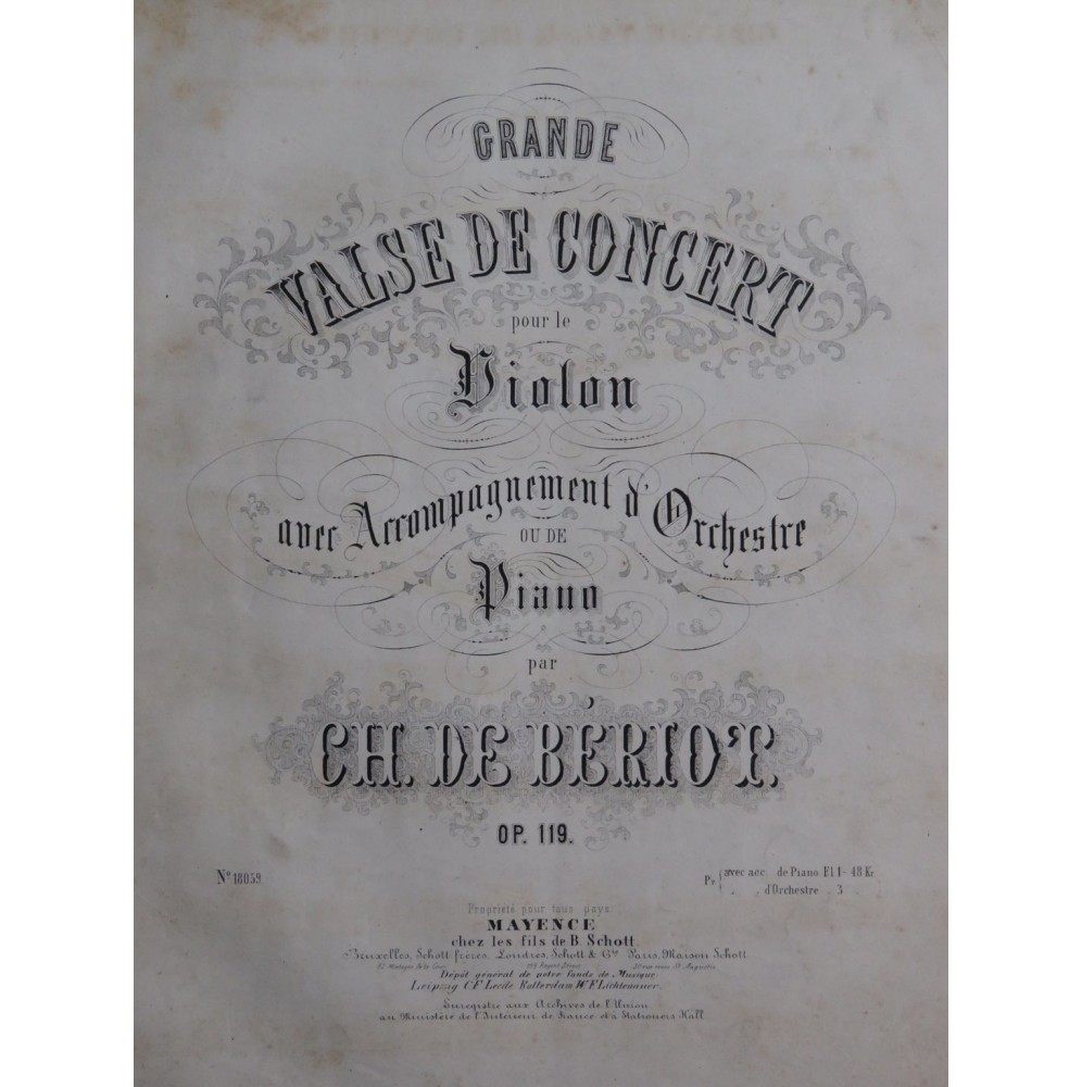 DE BÉRIOT Charles Grande Valse de Concert op 119 Violon Piano ca1865