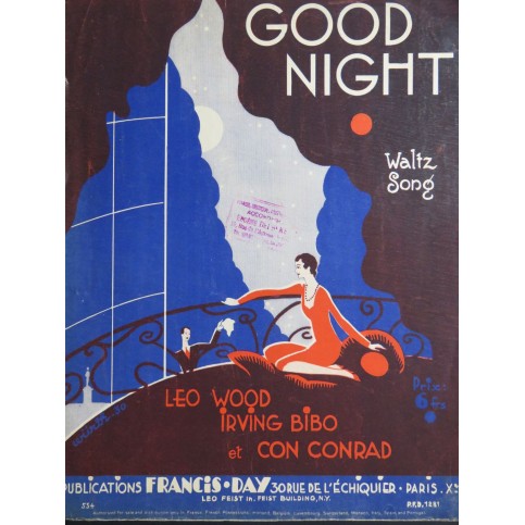 WOOD Léo BIBO Irving CONRAD Con Good Night Chant Piano 1930