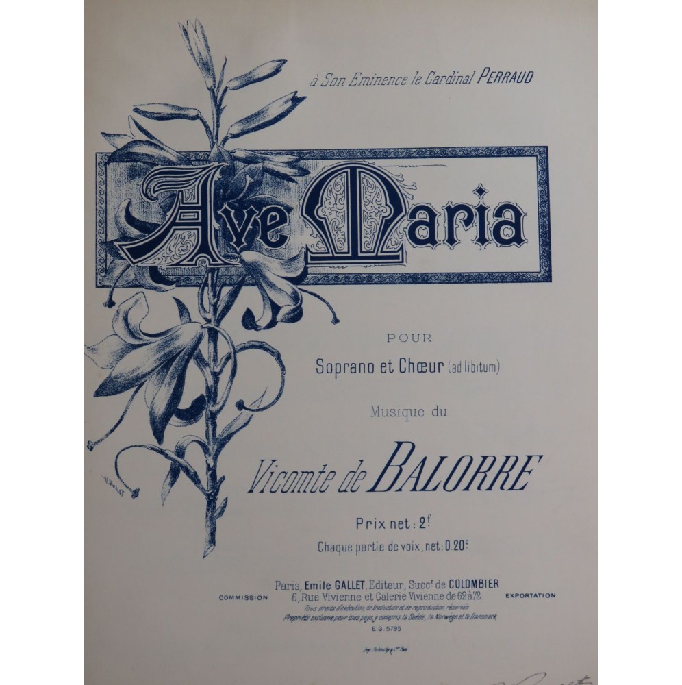 DE BALORRE Vicomte Ave Maria Chant Orgue ou Harmonium ca1900