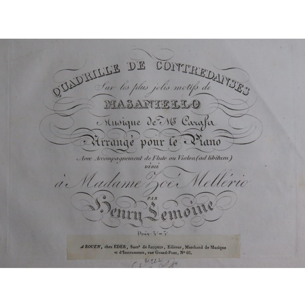 LEMOINE Henry Quadrille sur Masaniello Carafa Piano ca1830