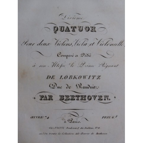 BEETHOVEN Quatuor op 74 No 2 1er Violon Alto ca1830