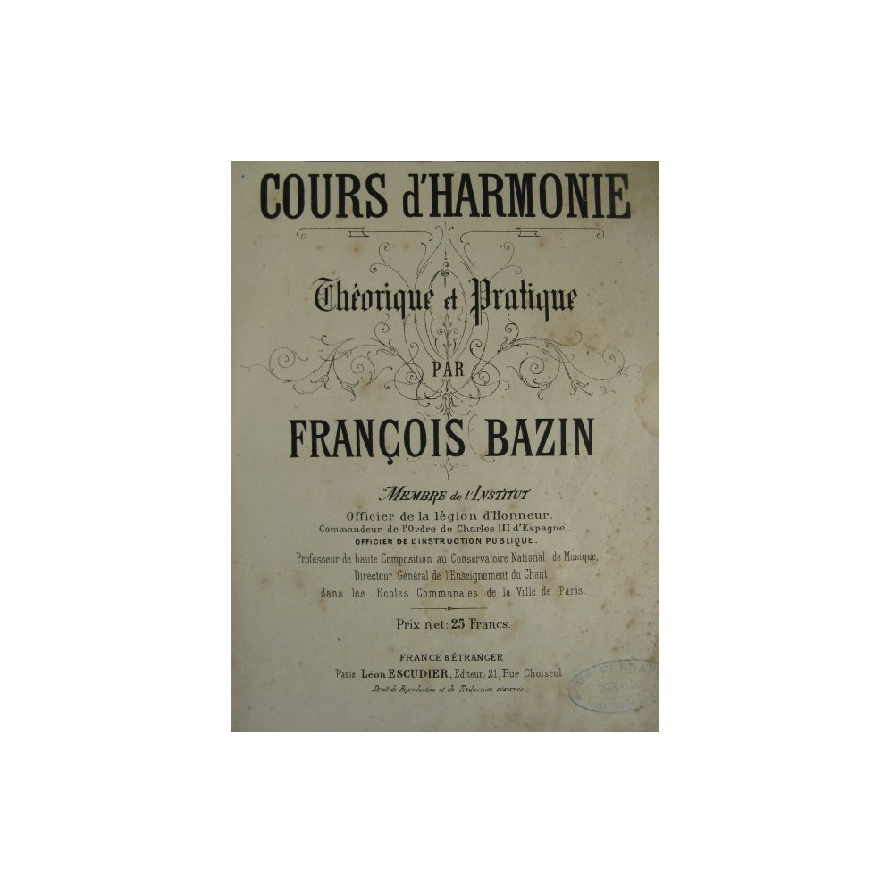 BAZIN François Cours d'Harmonie 1857