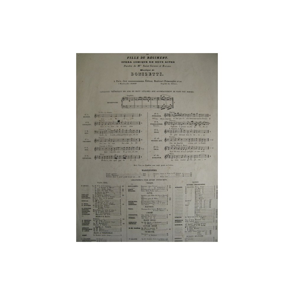 DONIZETTI Gaetano La Fille du régiment No 7 Chant Piano ca1850