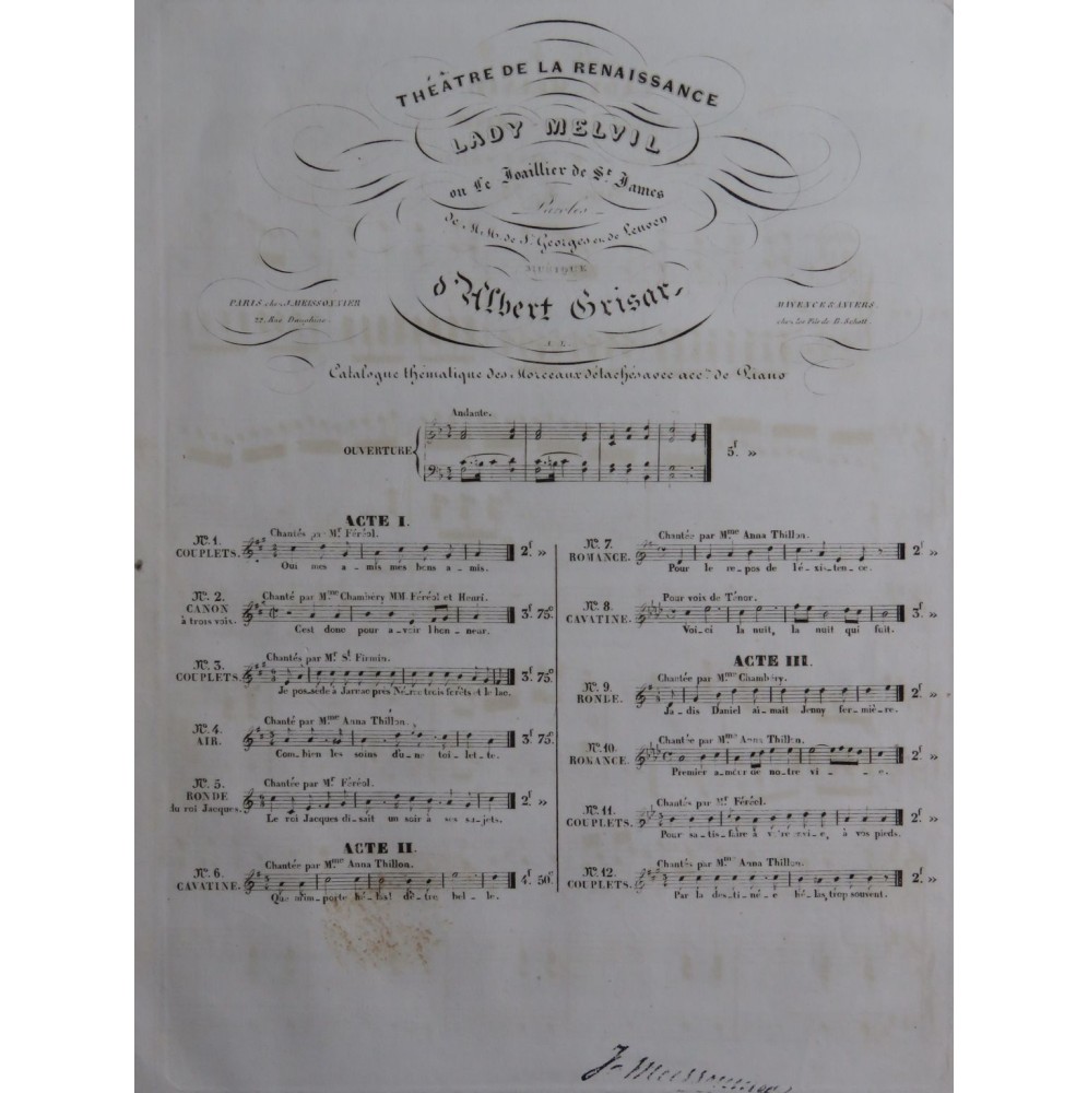 GRISAR Albert Lady Melvil No 4 Chant Piano 1838
