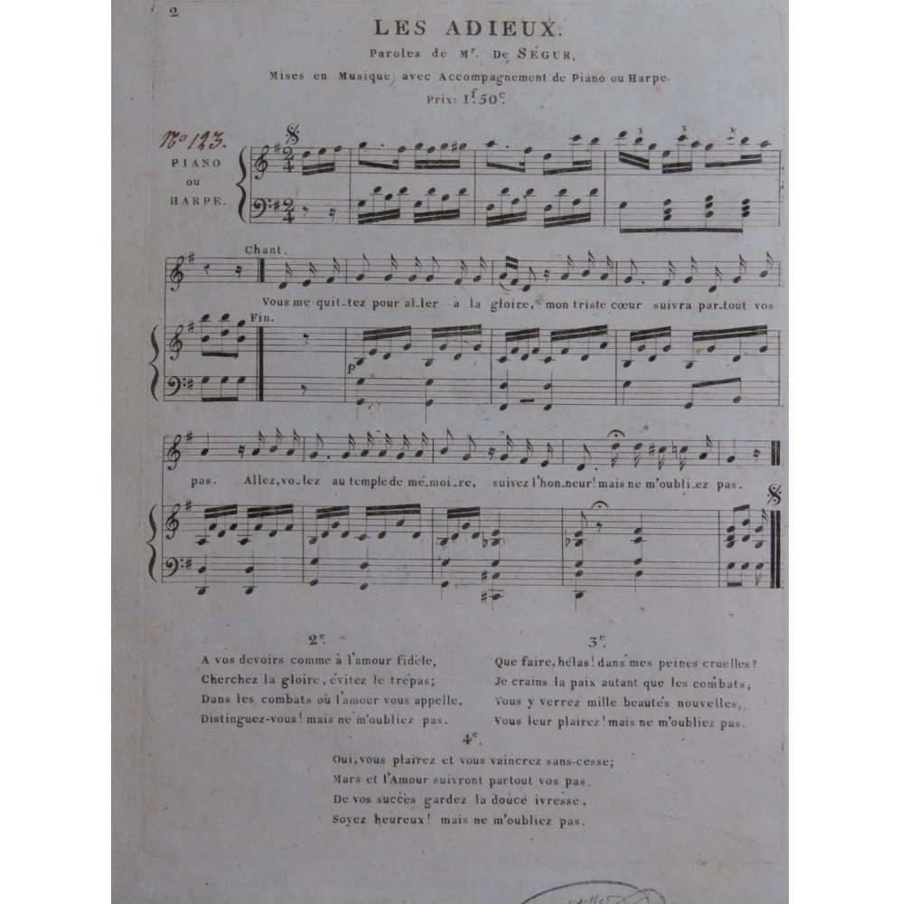 Les Adieux Réponse aux Adieux Chant Piano ou Harpe ca1830