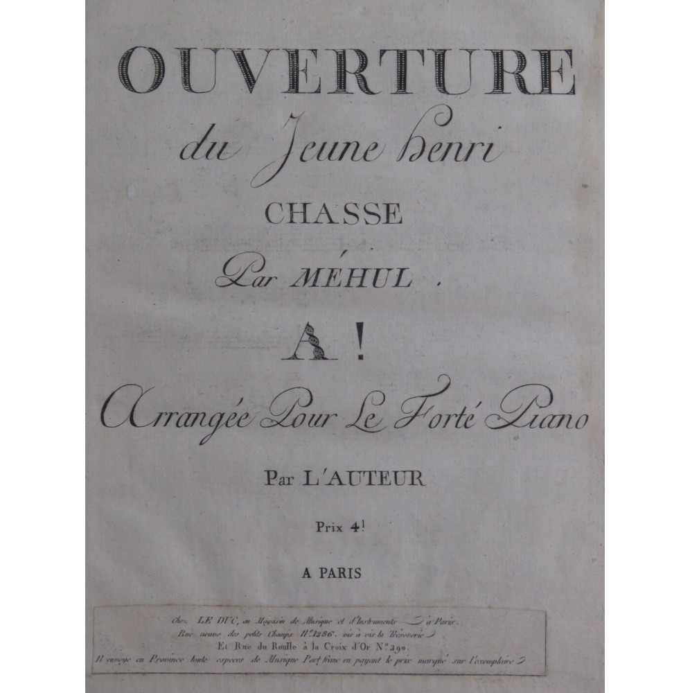 MÉHUL Le Jeune Henri Ouverture Piano Violon ca1800