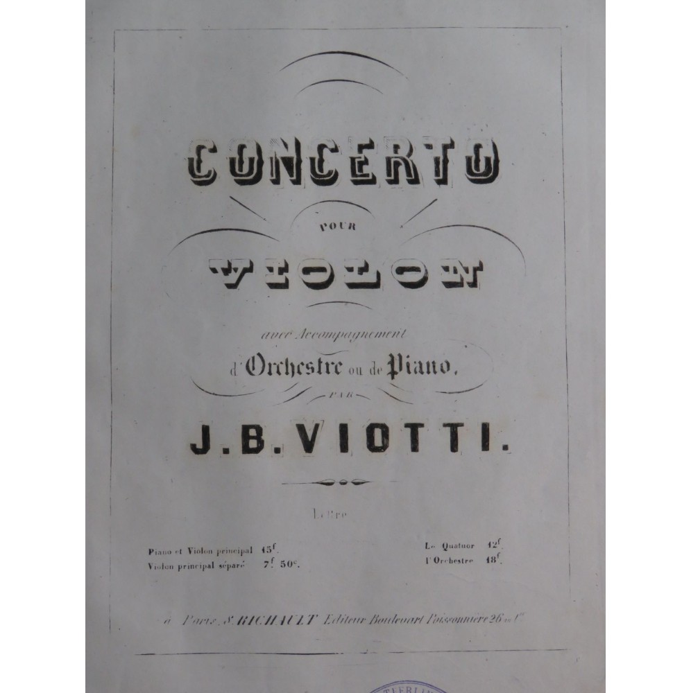 VIOTTI J. B. Concerto No 13 La Maj Piano Violon ca1876