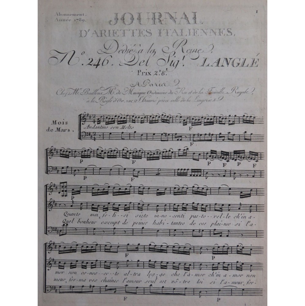 LANGLÉ Honoré Quanto mai filici siete Chant Piano 1789