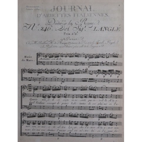 LANGLÉ Honoré Quanto mai filici siete Chant Piano 1789