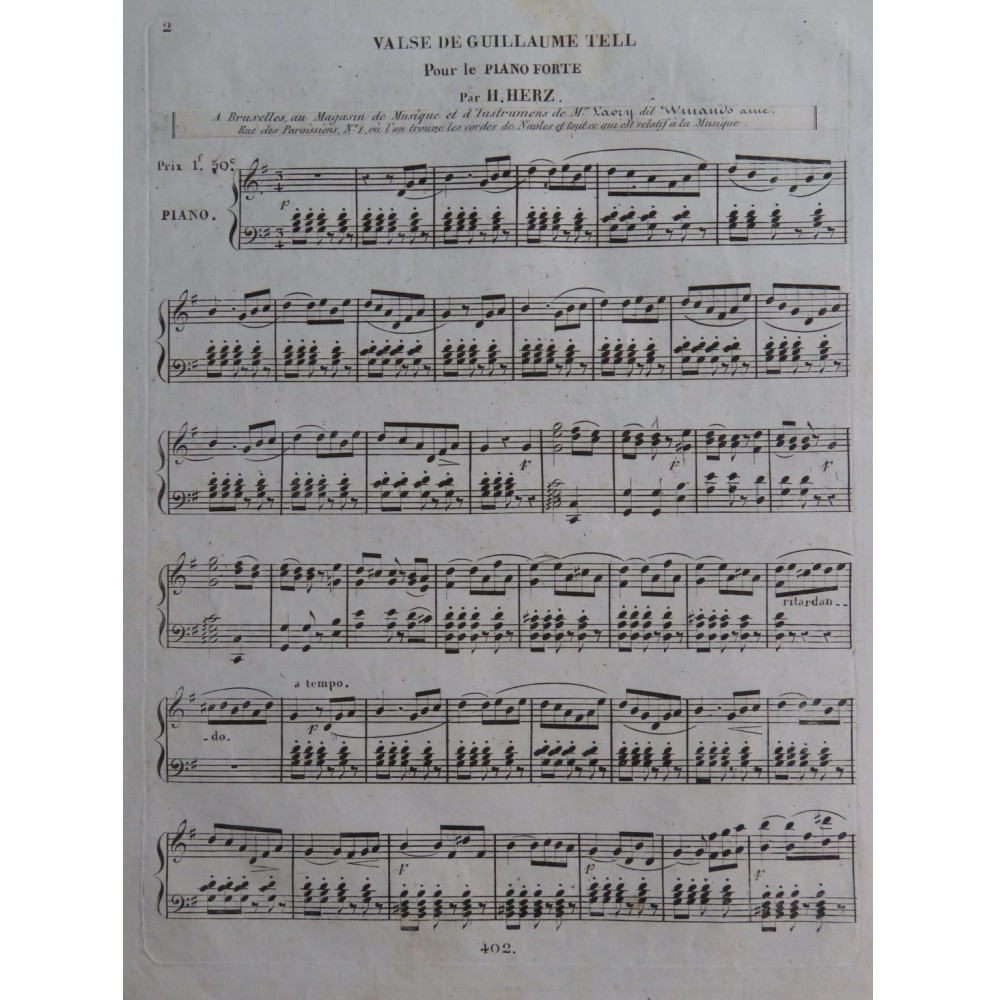 HERZ Henri Valse de Guillaume Tell Piano ca1830