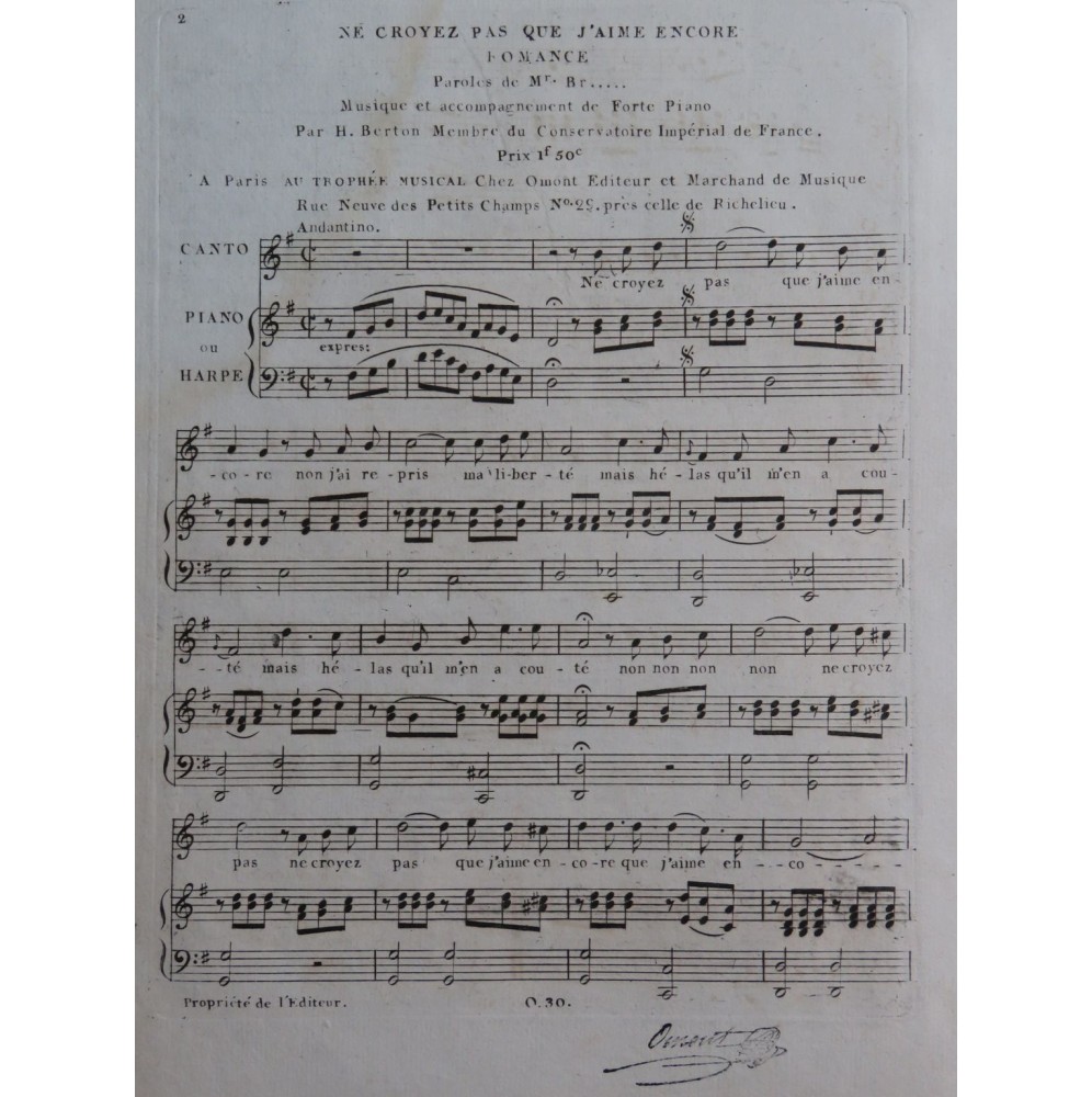 BERTON H. Ne croyez pas que j'aime encore Chant Piano ou Harpe ca1820