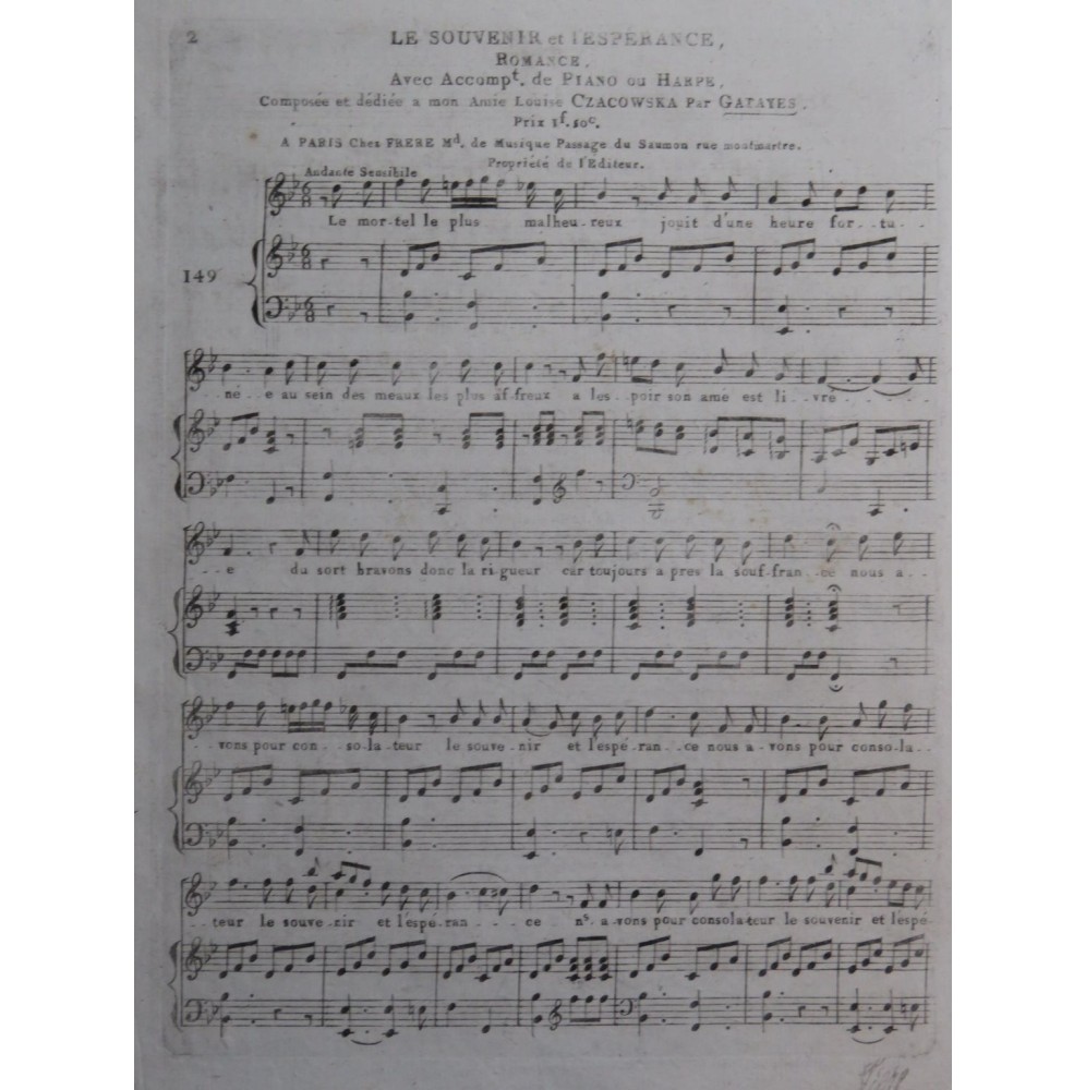 GATAYES Le Souvenir et l'Espérance Chant Piano ou Harpe ca1820