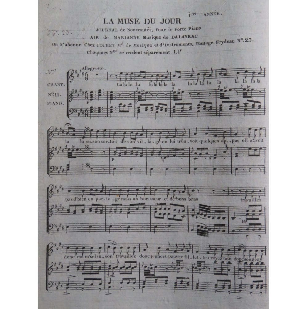 DALAYRAC Nicolas Air de Marianne Chant Piano ca1798