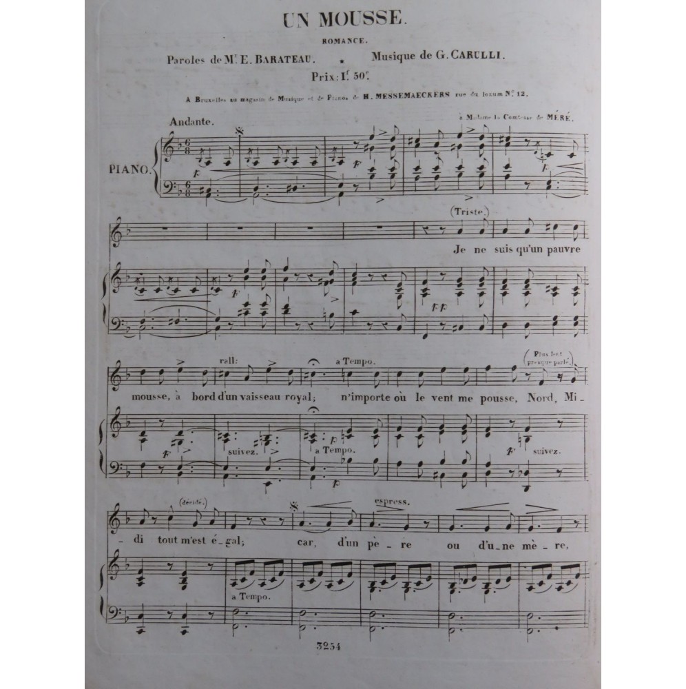 CARULLI Gustave Un Mousse Chant Piano ca1830