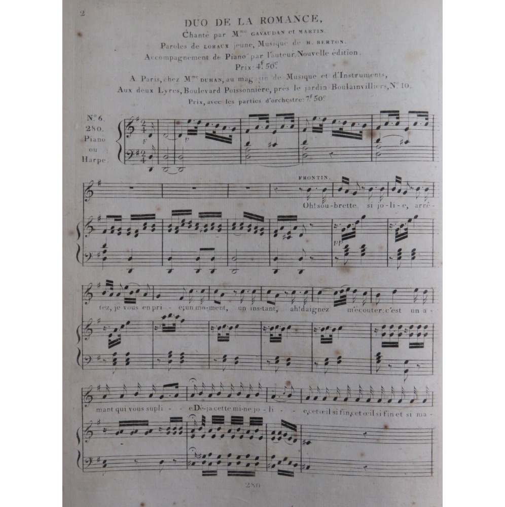 BERTON H. Duo de la Romance Chant Piano ou Harpe ca1810