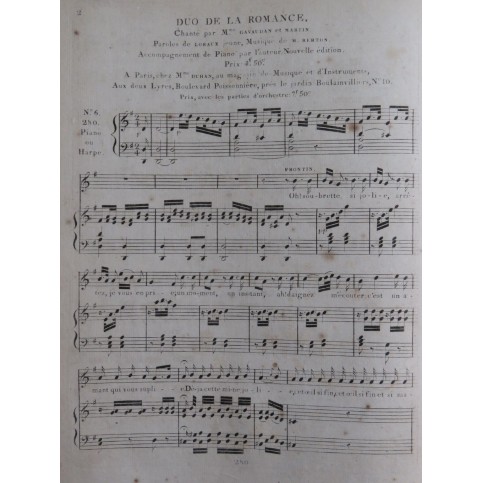 BERTON H. Duo de la Romance Chant Piano ou Harpe ca1810