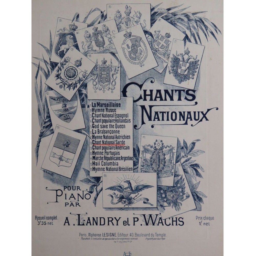 LANDRY Albert Chant National Sarde Piano ca1880