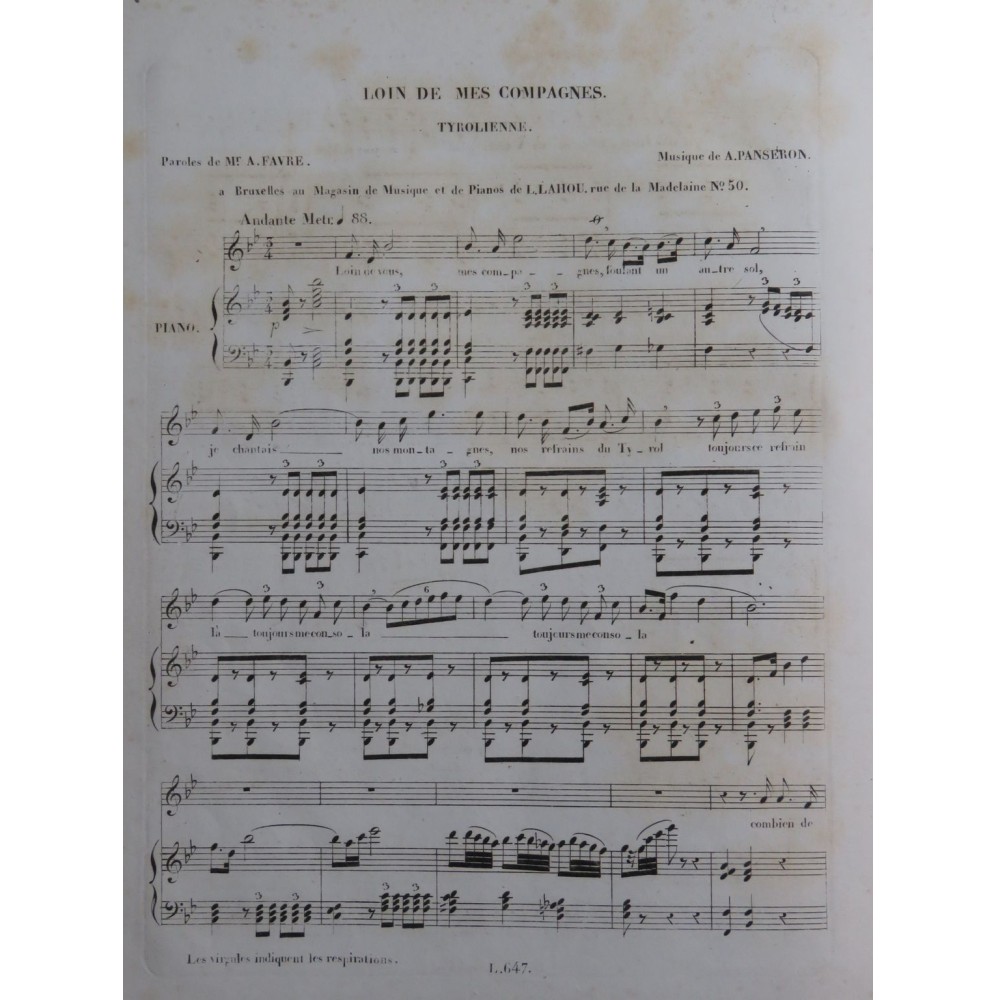PANSERON Auguste Loin de mes compagnes Chant Piano ca1830