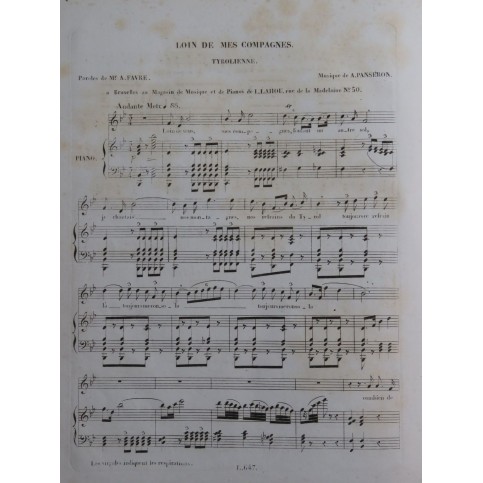 PANSERON Auguste Loin de mes compagnes Chant Piano ca1830