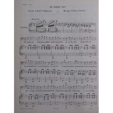 ZEREZO Isidore Où voles-tu ? Chant Piano XIXe siècle