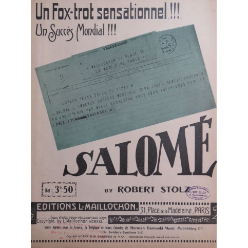 STOLZ Robert Salomé Piano 1920