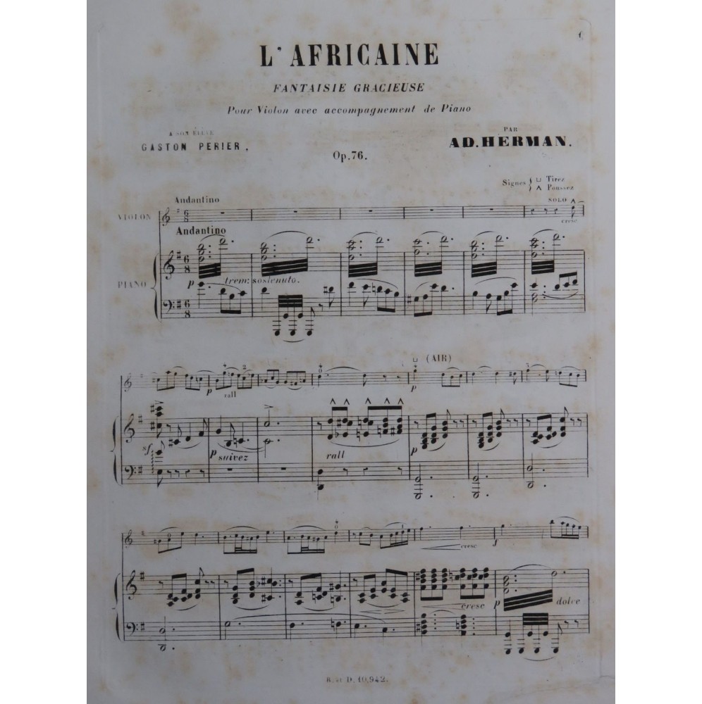 HERMAN Adolphe Fantaisie sur l'Africaine op 76 Piano Violon ca1866