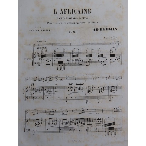 HERMAN Adolphe Fantaisie sur l'Africaine op 76 Piano Violon ca1866