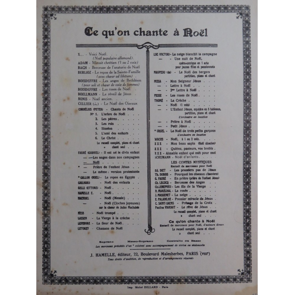 FAURÉ Gabriel Noël d'Enfants Chant Piano ou Orgue 1921