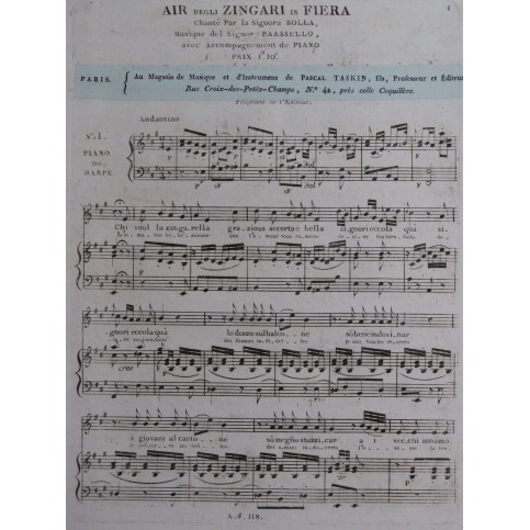 PAISIELLO Giovanni Zingari in Fiera No 1 Air Chant Piano ou Harpe ca1820