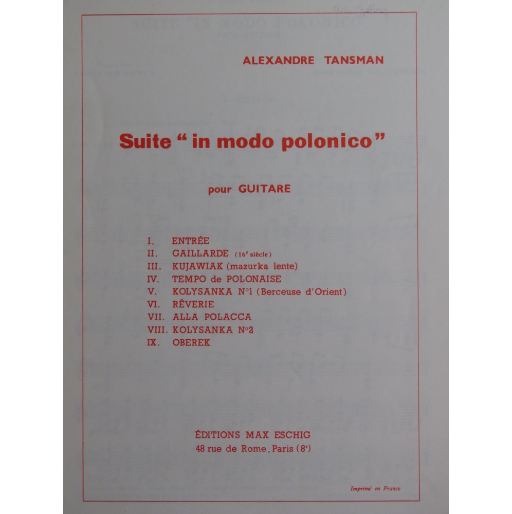 TANSMAN Alexandre Suite in Modo Polonico Guitare 1968