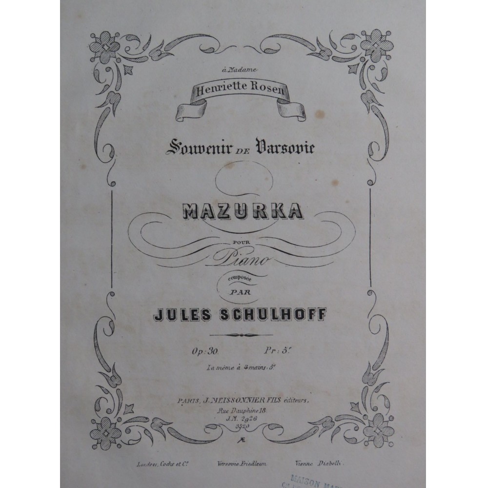 SCHULHOFF Jules Souvenir de Varsovie op 30 Piano ca1855