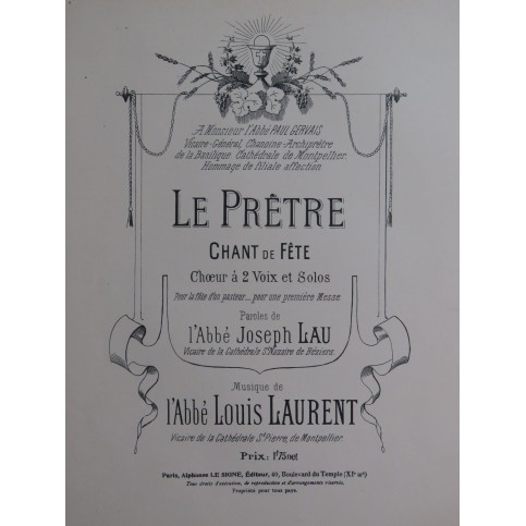 LAURENT Louis Le Prêtre Chant de Fête Chant Orgue ou Harmonium