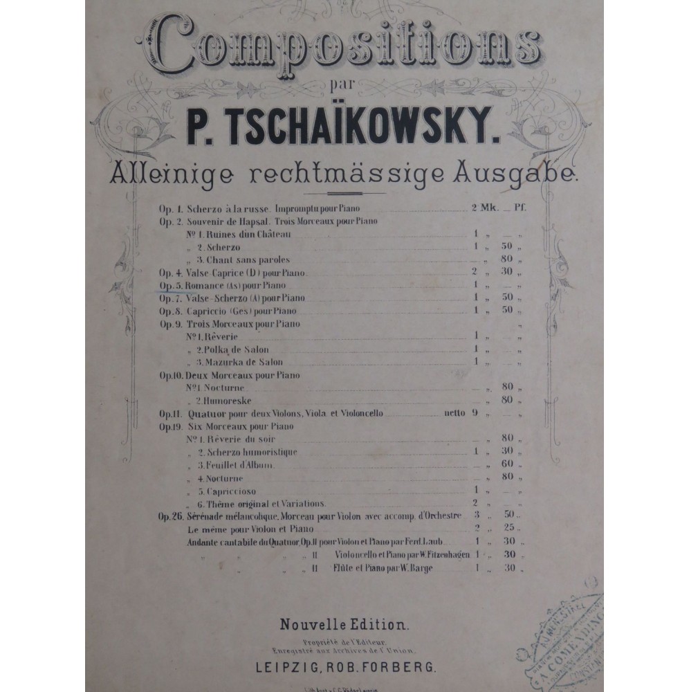 TSCHAIKOWSKY P. I. Romance op 5 Piano ca1875