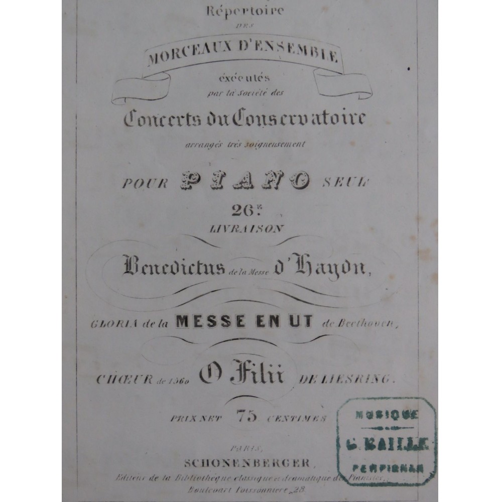 HAYDN Benedictus BEETHOVEN Gloria LIESRING O Filii Piano ca1840