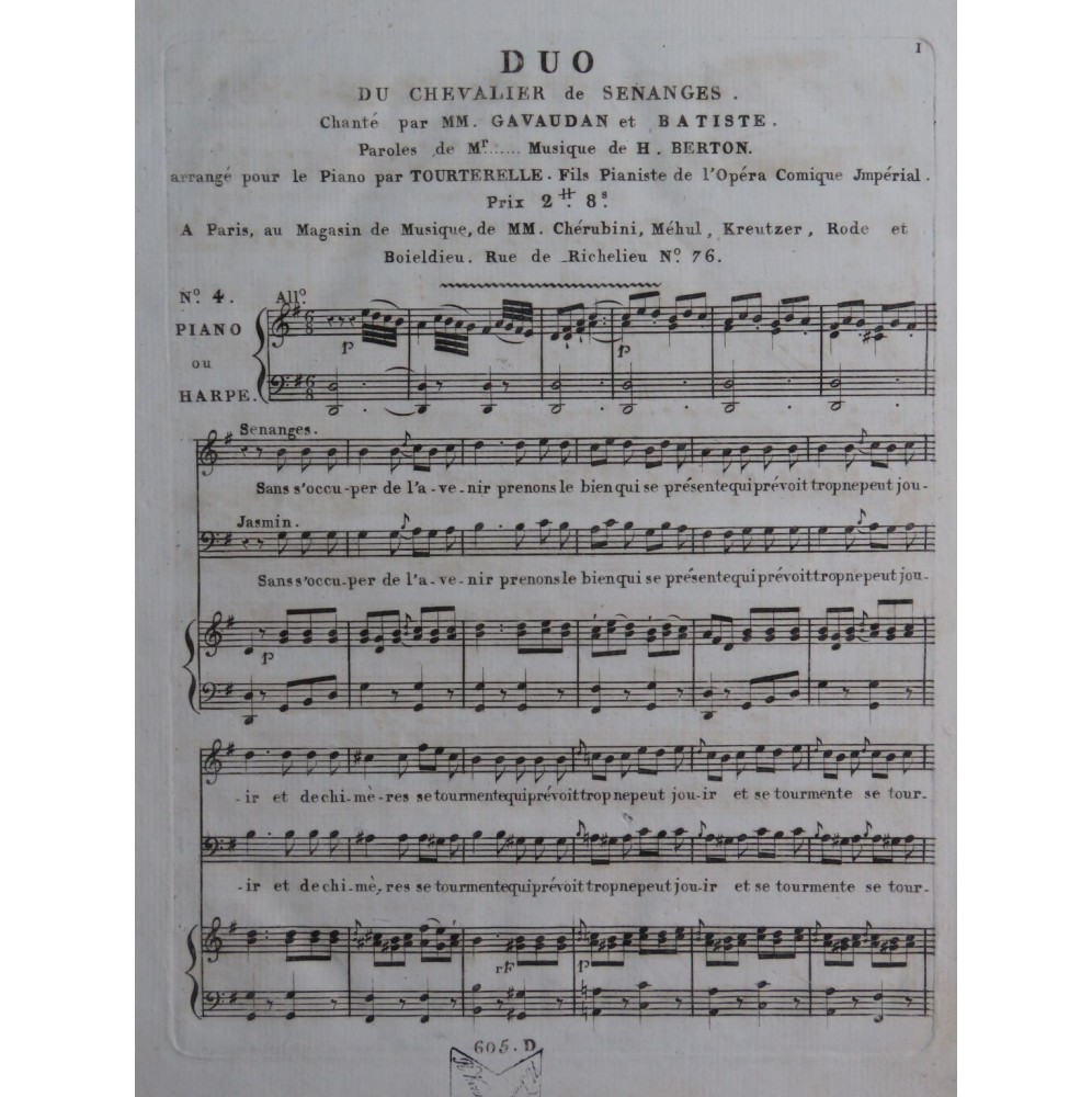 BERTON H. Le Chevalier de Sénanges No 4 Duo Chant Piano ou Harpe ca1810