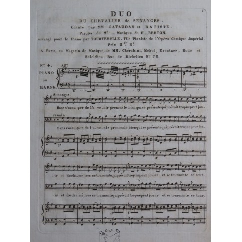 BERTON H. Le Chevalier de Sénanges No 4 Duo Chant Piano ou Harpe ca1810