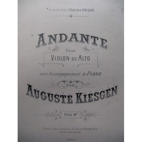 KIESGEN Auguste Andante Dédicace Alto Violon Piano