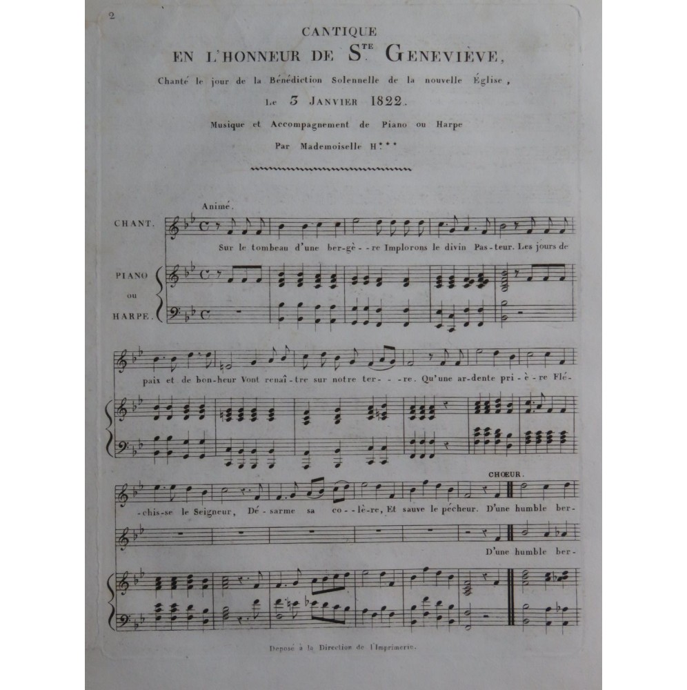 Cantique en l'Honneur de Ste Geneviève Chant Piano ou Harpe ca1825