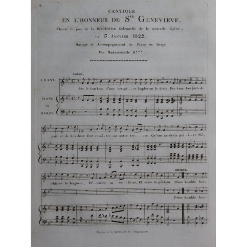 Cantique en l'Honneur de Ste Geneviève Chant Piano ou Harpe ca1825