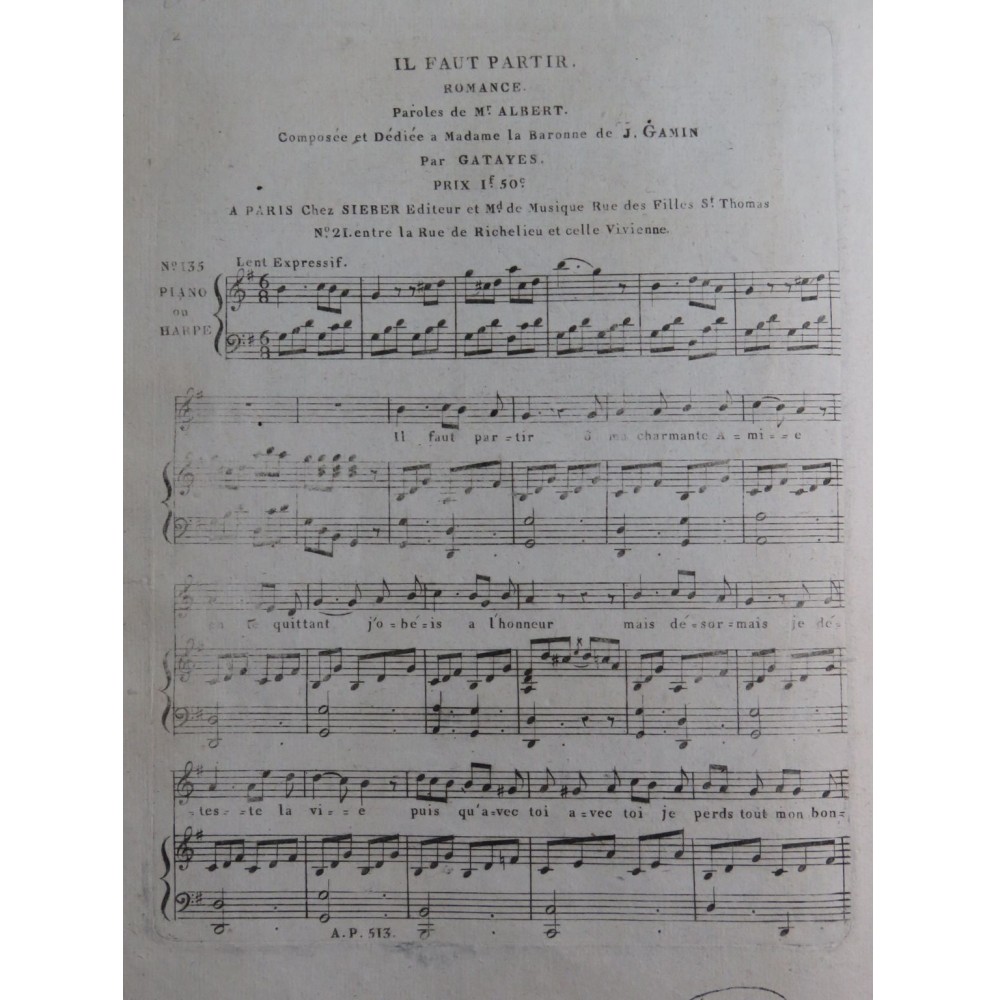 GATAYES Il faut partir Chant Piano ou Harpe ca1830