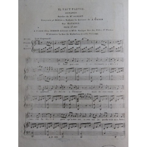 GATAYES Il faut partir Chant Piano ou Harpe ca1830