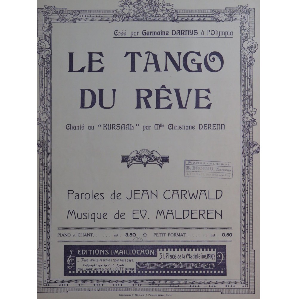 MALDEREN Ev. Le Tango du Rêve Chant Piano 1919