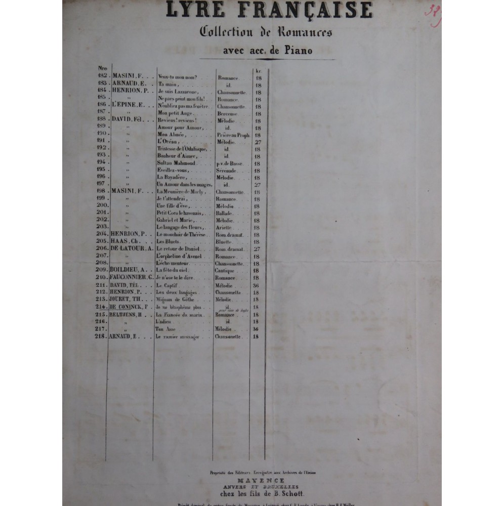 DE CONINCK François Je ne Blasphème plus Chant Piano ca1840