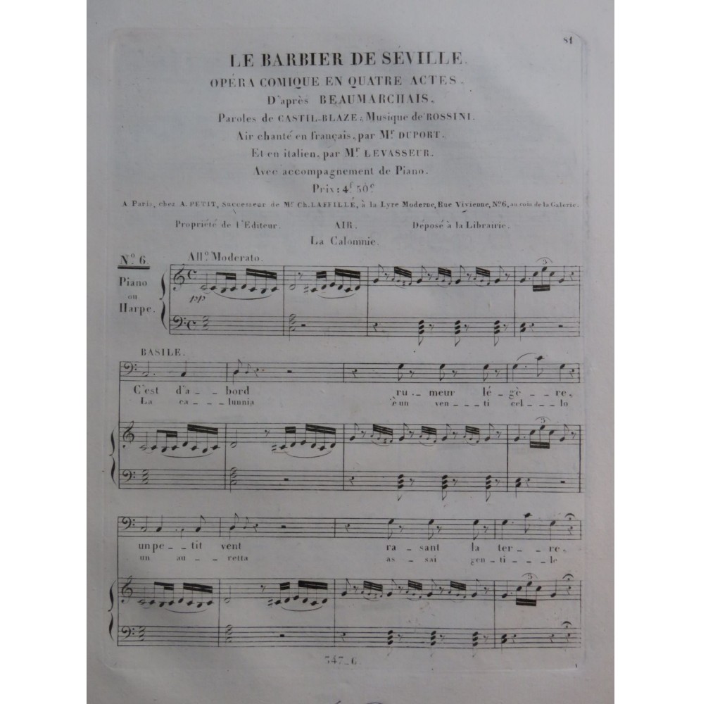 ROSSINI G. Le Barbier de Séville No 6 Chant Piano ou Harpe ca1820